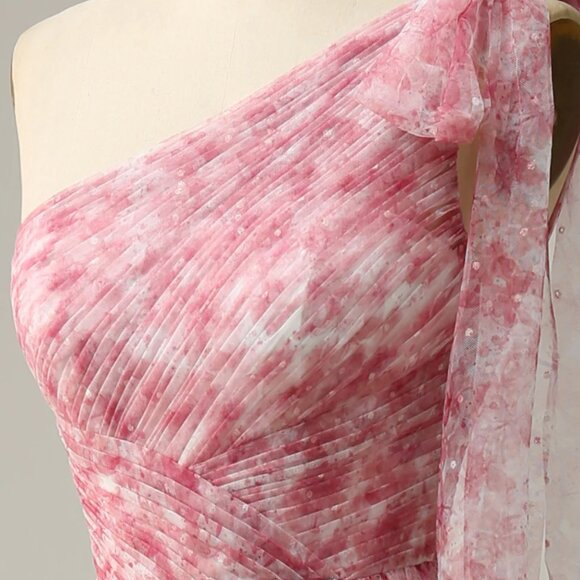 BRAND NEW: Red A Line One Shoulder Floor Length Print Tulle Dress - Picture 9 of 10